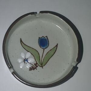 Vintage Stoneware Ashtray Trinket Dish With Glazed Floral Graphics